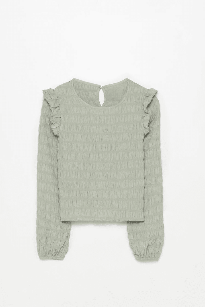 Grey long sleeve ruffle blouse for women

