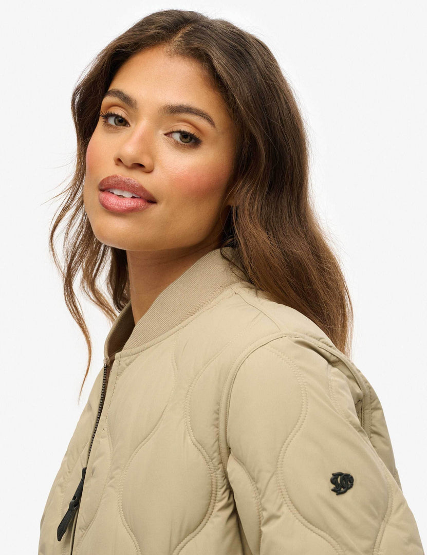 Side view of the women's khaki baseball collar jacket

