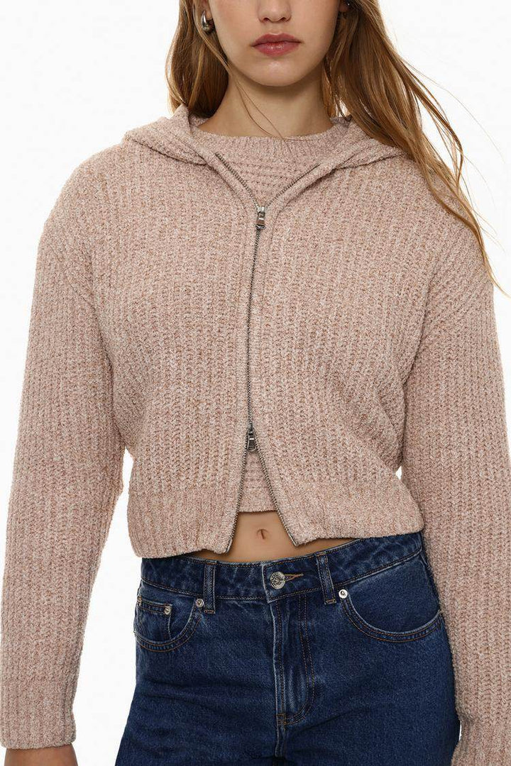 Close-up front view of khaki chenille jacket

