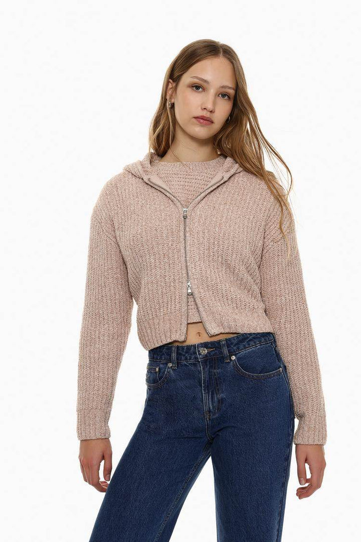 Front view of women's khaki chenille jacket

