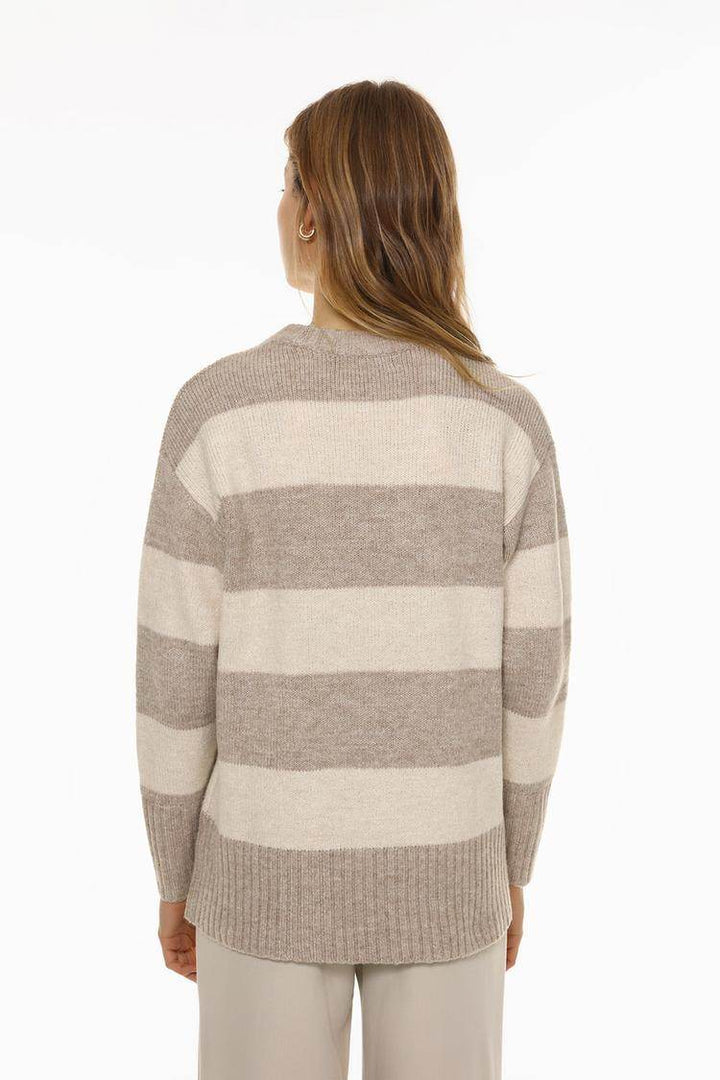 Back view of the women's khaki long soft sweater

