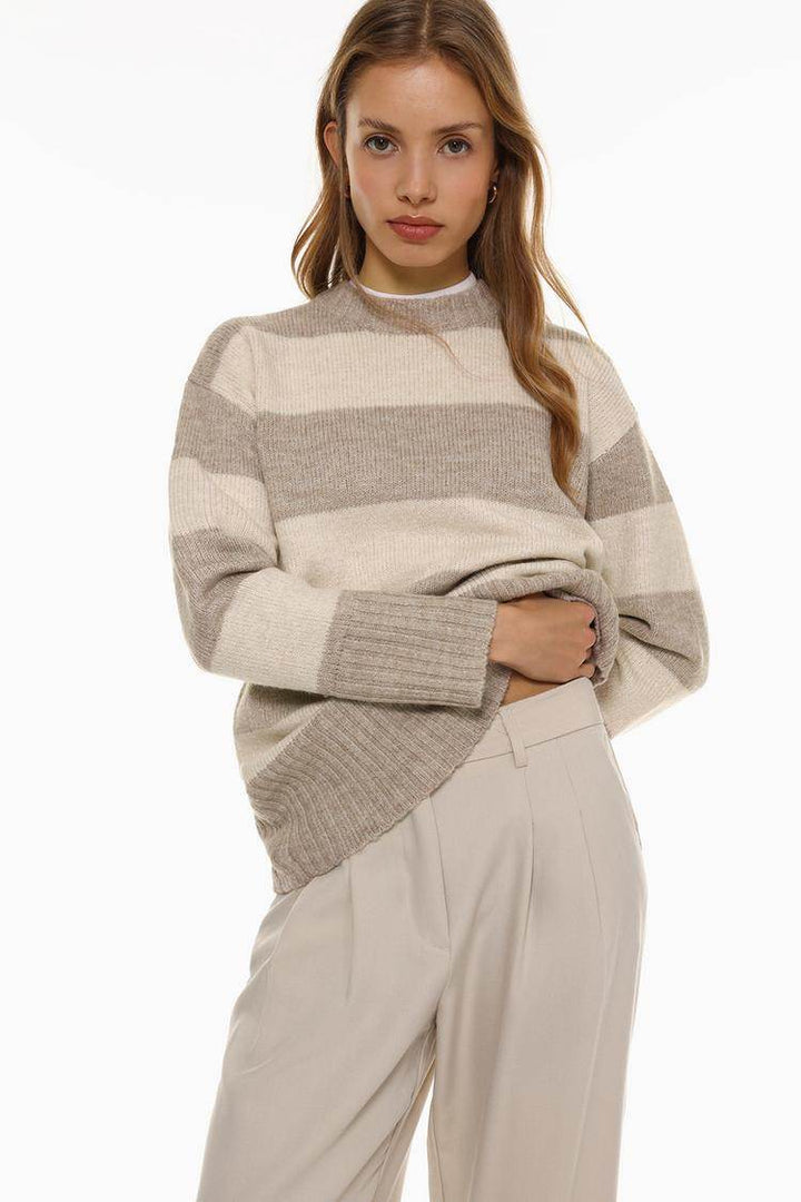 Front view of women's khaki long soft sweater

