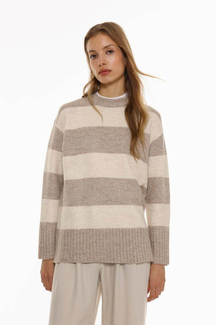 Model showcasing khaki long soft sweater front

