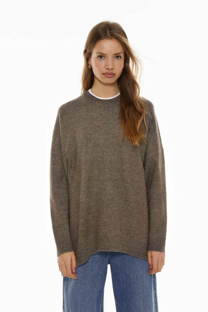 Front view of khaki soft knit oversize jumper

