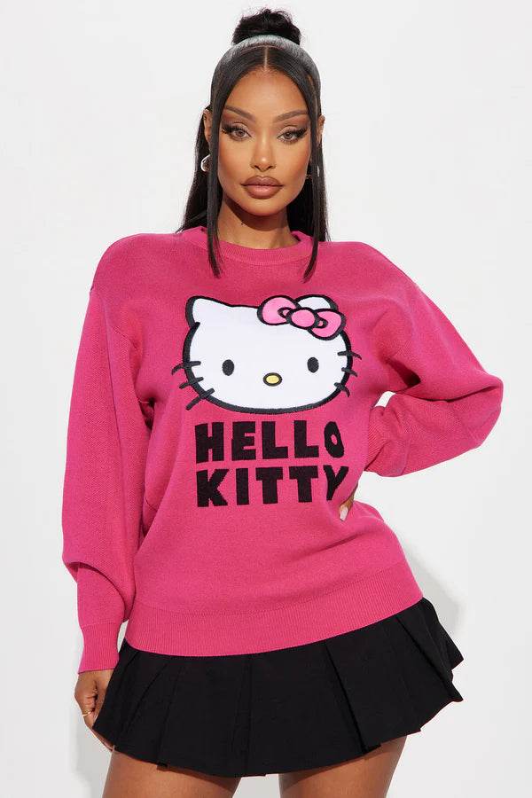 Front view of women's pink Hello Kitty sweater

