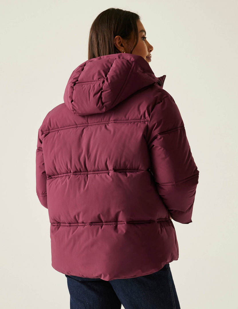 Back view of the women's purple quilted puffer jacket

