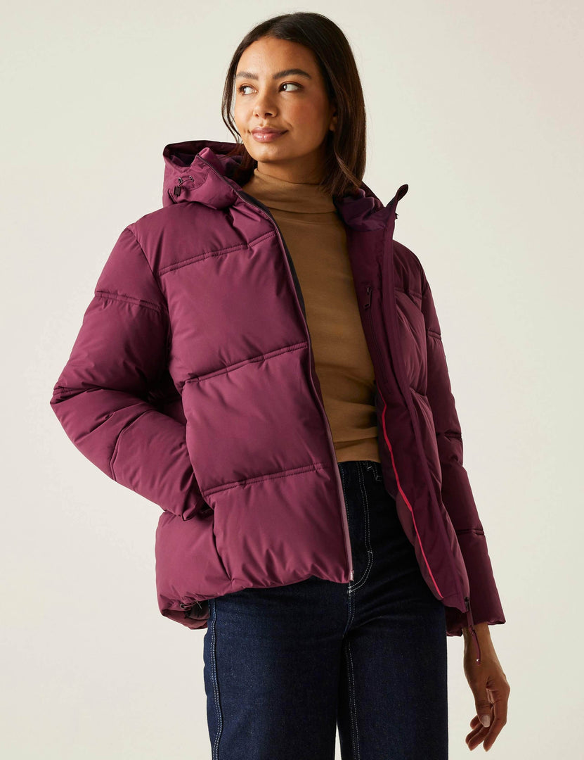 Close-up front view of the purple quilted puffer jacket

