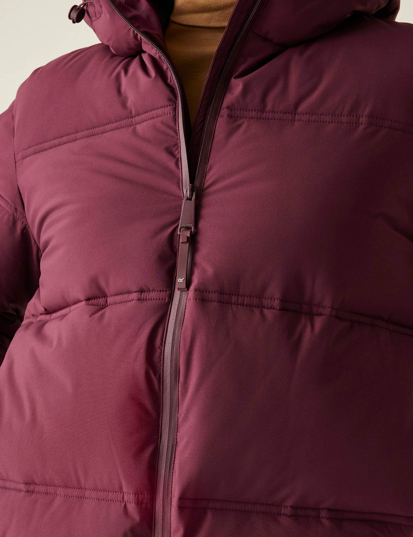 Close-up product image of the purple quilted puffer jacket

