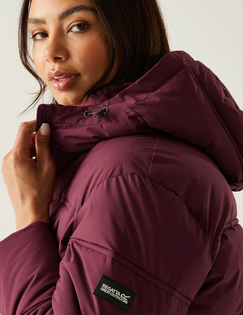 Side view of the women's purple quilted puffer jacket

