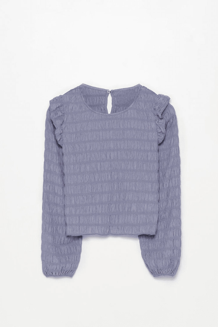 Purple long sleeve ruffle blouse for women

