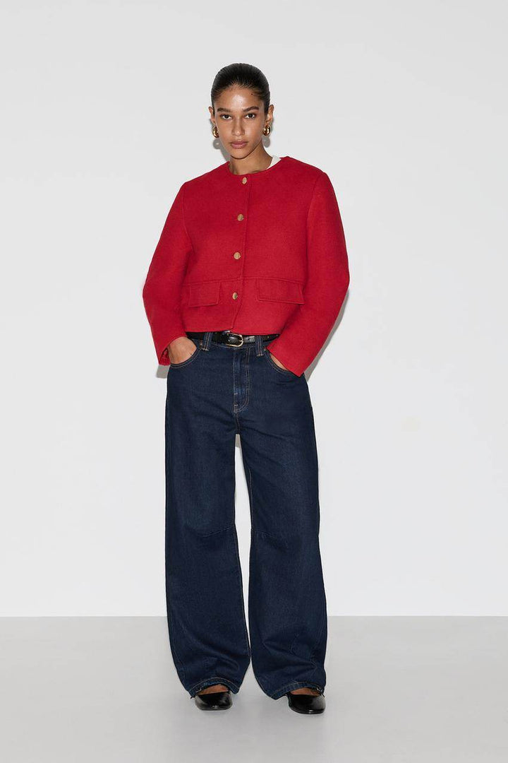 Front full body view of a red women's cloth jacket
