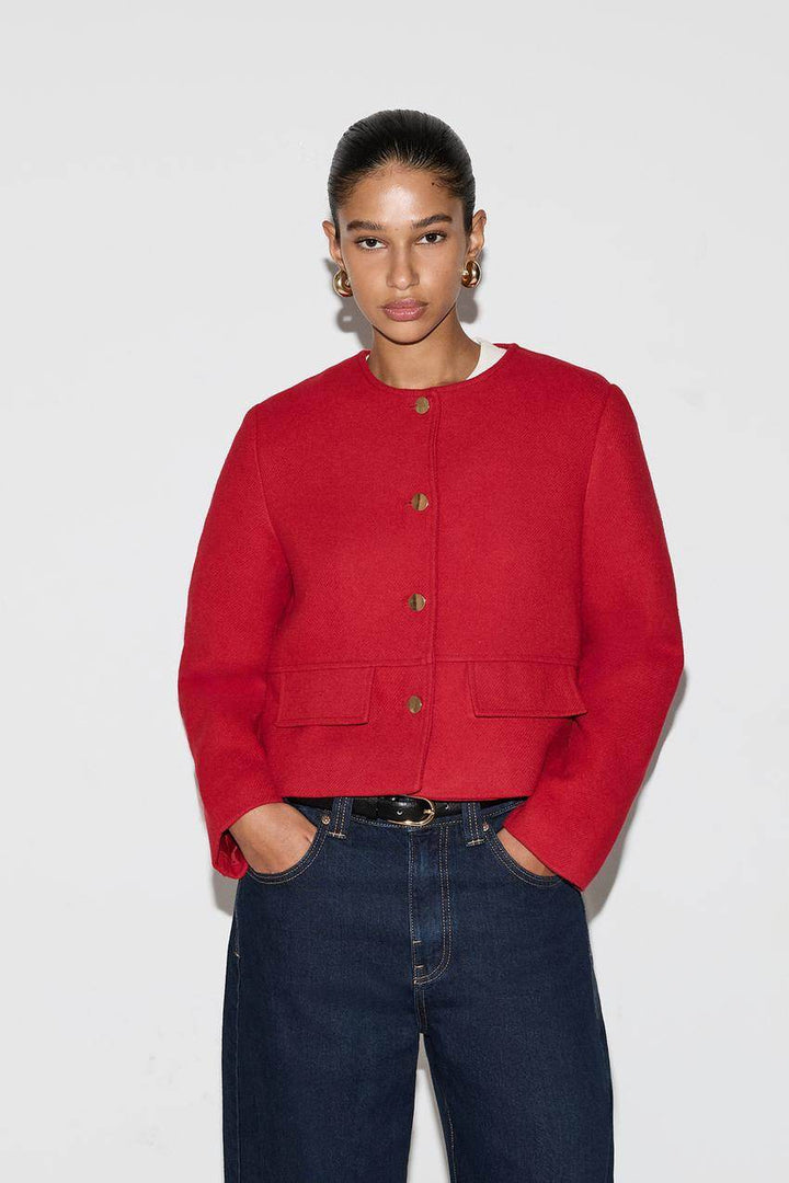 Front full body view of a red women's cloth jacket
