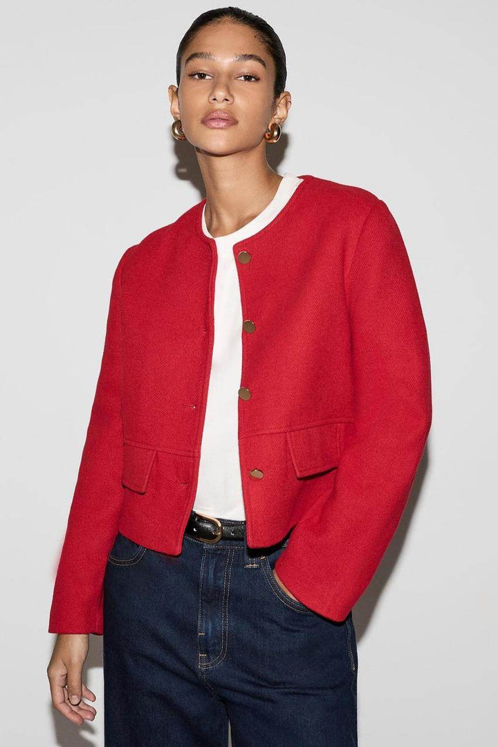 Zoomed front view of a red women's cloth jacket
