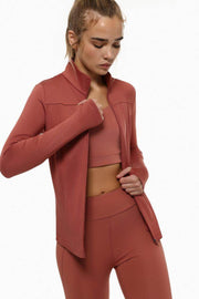 Model showcasing red sports jacket front view

