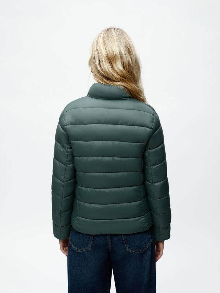 Back view of the women's turquoise lightweight puffer jacket


