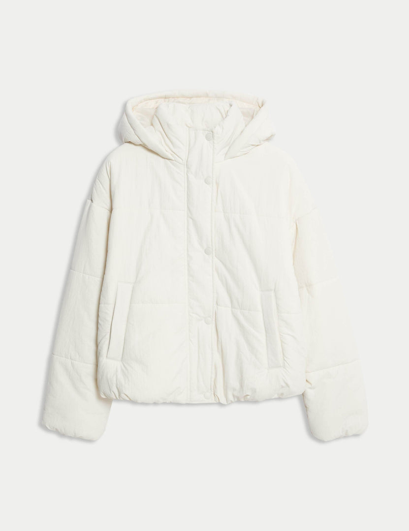 White hooded puffer jacket for women

