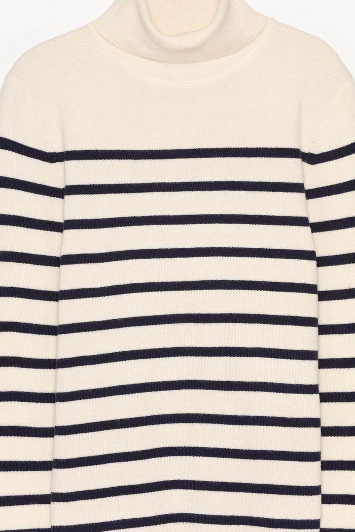 Close-up product image of white turtleneck sweater

